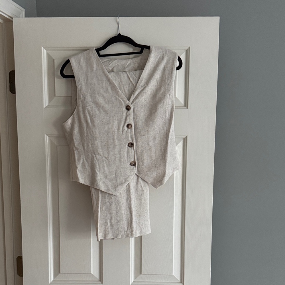 Beige Button-Up Vest and Pants Set